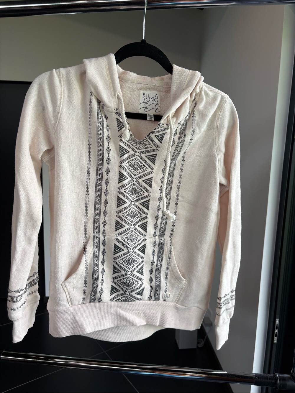 Billabong Cream V-Neck Hooded Pullover with Black Aztec Trim